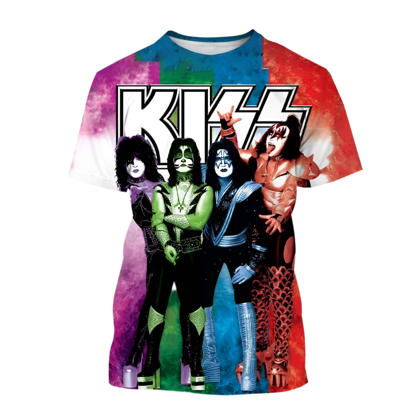 T-shirt with KISS band members and logo on a colorful background
