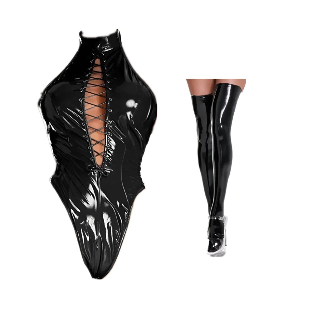 Plus Size Erotic Zipper Open Crotch Shiny Leather Bodysuit