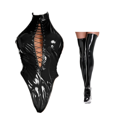 Plus Size Erotic Zipper Open Crotch Shiny Leather Bodysuit