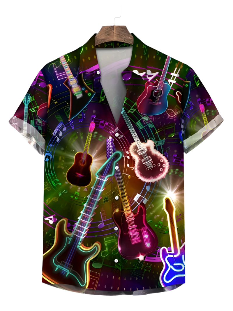 Short-sleeve shirt with colorful guitar design on a mannequin,
