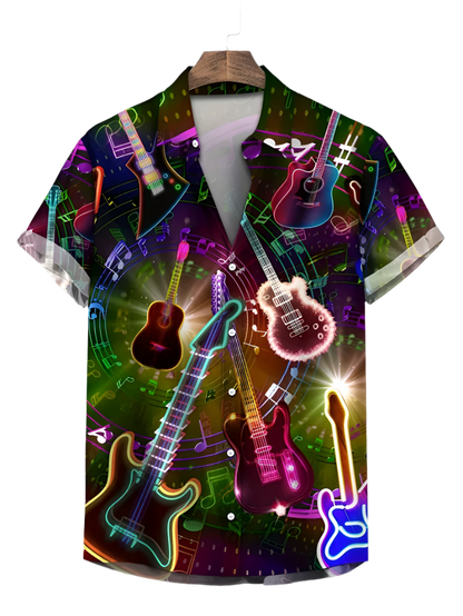 Short-sleeve shirt with colorful guitar design on a mannequin,
