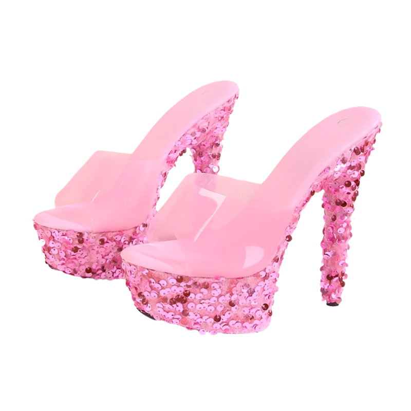 Sequined PVC platform stilettos with peep toe for resort evenings

