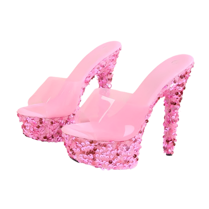 Sequined PVC platform stilettos with peep toe for resort evenings

