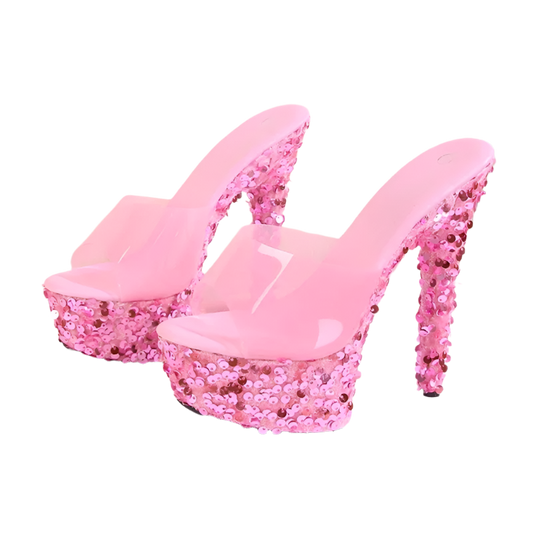 Sequined PVC platform stilettos with peep toe for resort evenings

