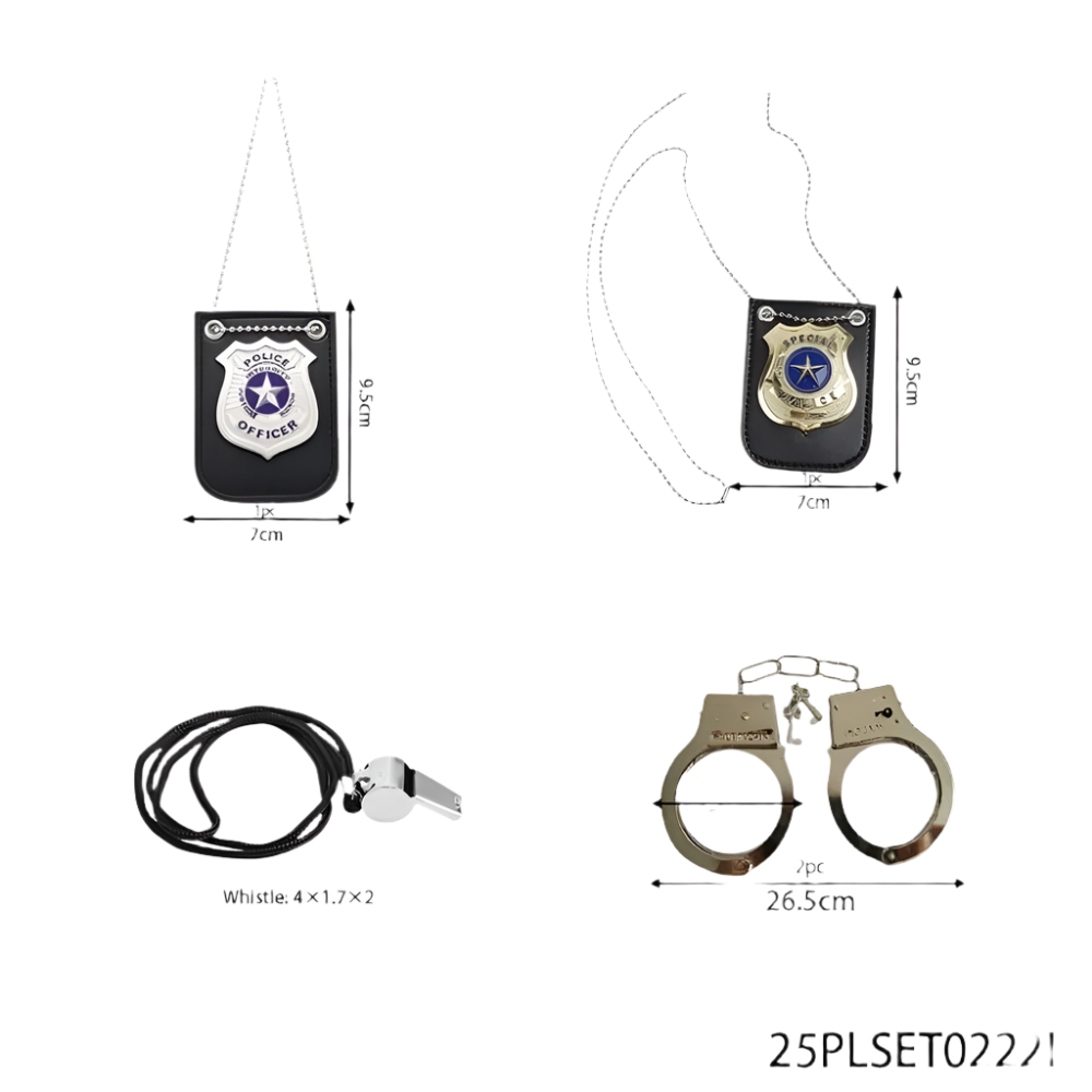 Set of police-themed items including a badge, whistle, and handcuffs with measurements on a white background.
