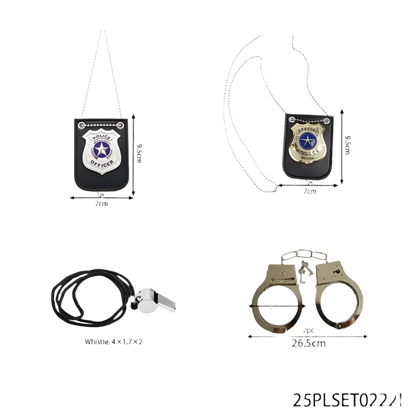 Set of police-themed items including a badge, whistle, and handcuffs with measurements on a white background.