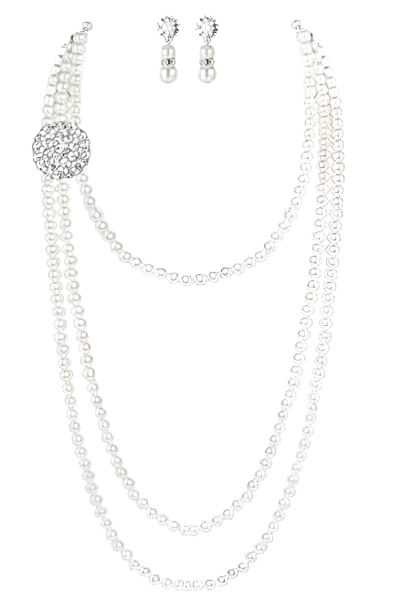 Luxury pearl and rhinestone jewelry set combining flapper and Audrey Hepburn styles for resort theme nights and bridal events

