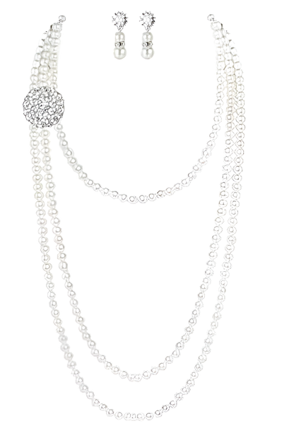 Luxury pearl and rhinestone jewelry set combining flapper and Audrey Hepburn styles for resort theme nights and bridal events

