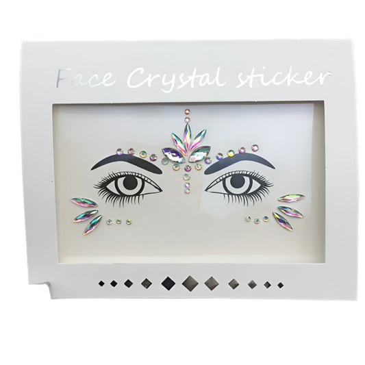 A face crystal sticker set designed to accentuate the eyes. It features iridescent crystals in various shapes and sizes, perfect for adding sparkle to a festival or party look.