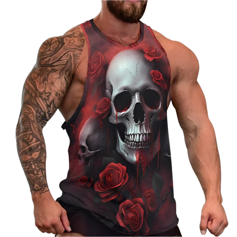 Tank top with skull and rose design worn by a person with tattoos.