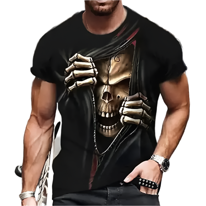 Person wearing a black t-shirt with a gold skull design on a city street.