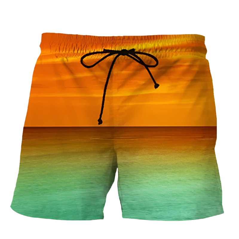 Summer Sunset 3D Printed Beach Shorts featuring vibrant sunset design, perfect for luxury adult resorts