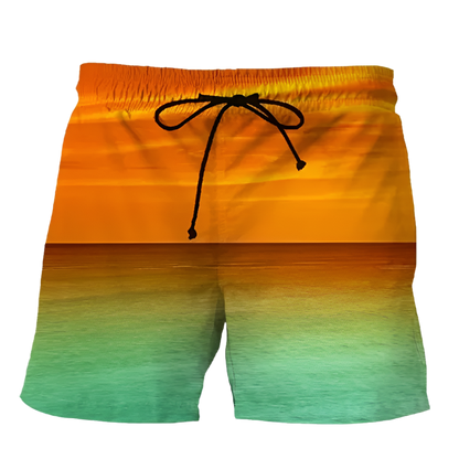 Summer Sunset 3D Printed Beach Shorts featuring vibrant sunset design, perfect for luxury adult resorts