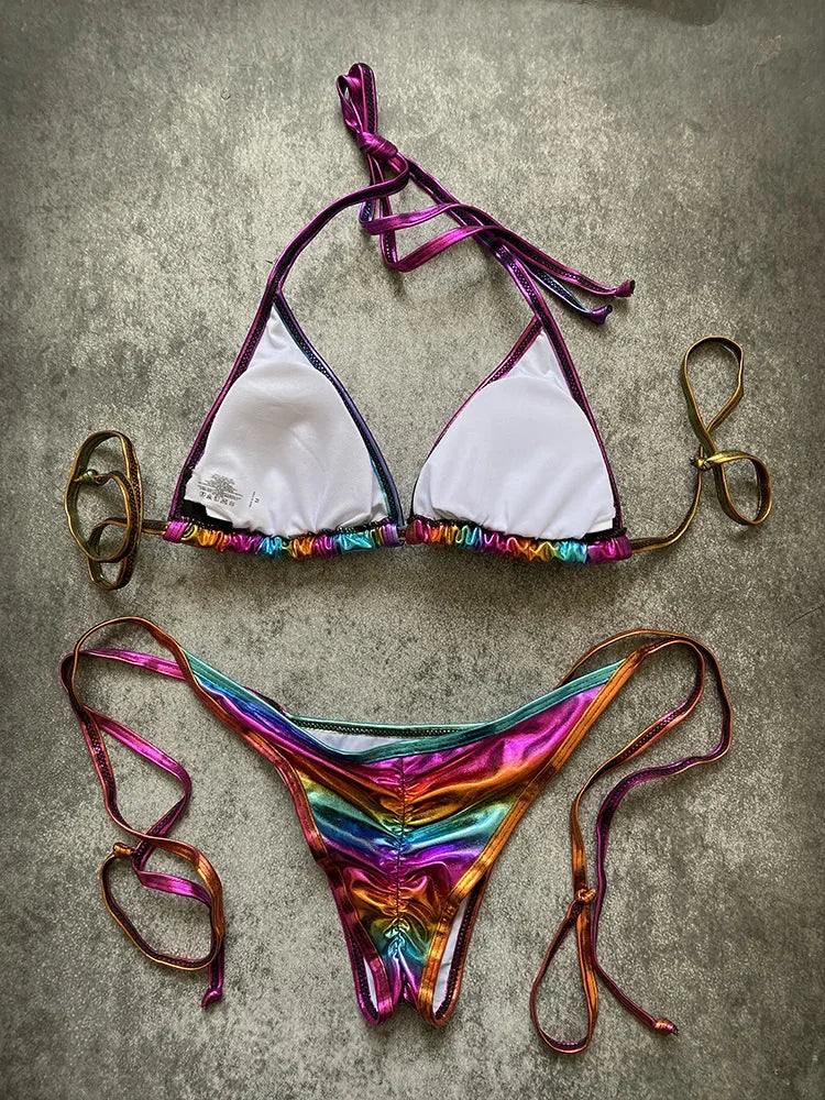 Shiny Swimwear Women Halter Bathers Bling Sequin Bikini Set Cut Out Push Up Padded Bathing Suit Thong Swimwear Glitter Biquini