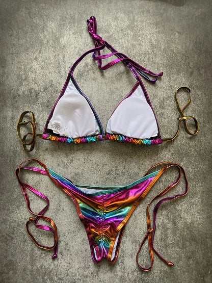 Shiny Swimwear Women Halter Bathers Bling Sequin Bikini Set Cut Out Push Up Padded Bathing Suit Thong Swimwear Glitter Biquini