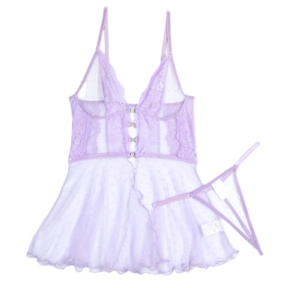 Lavender lace babydoll dress with straps on a white background
