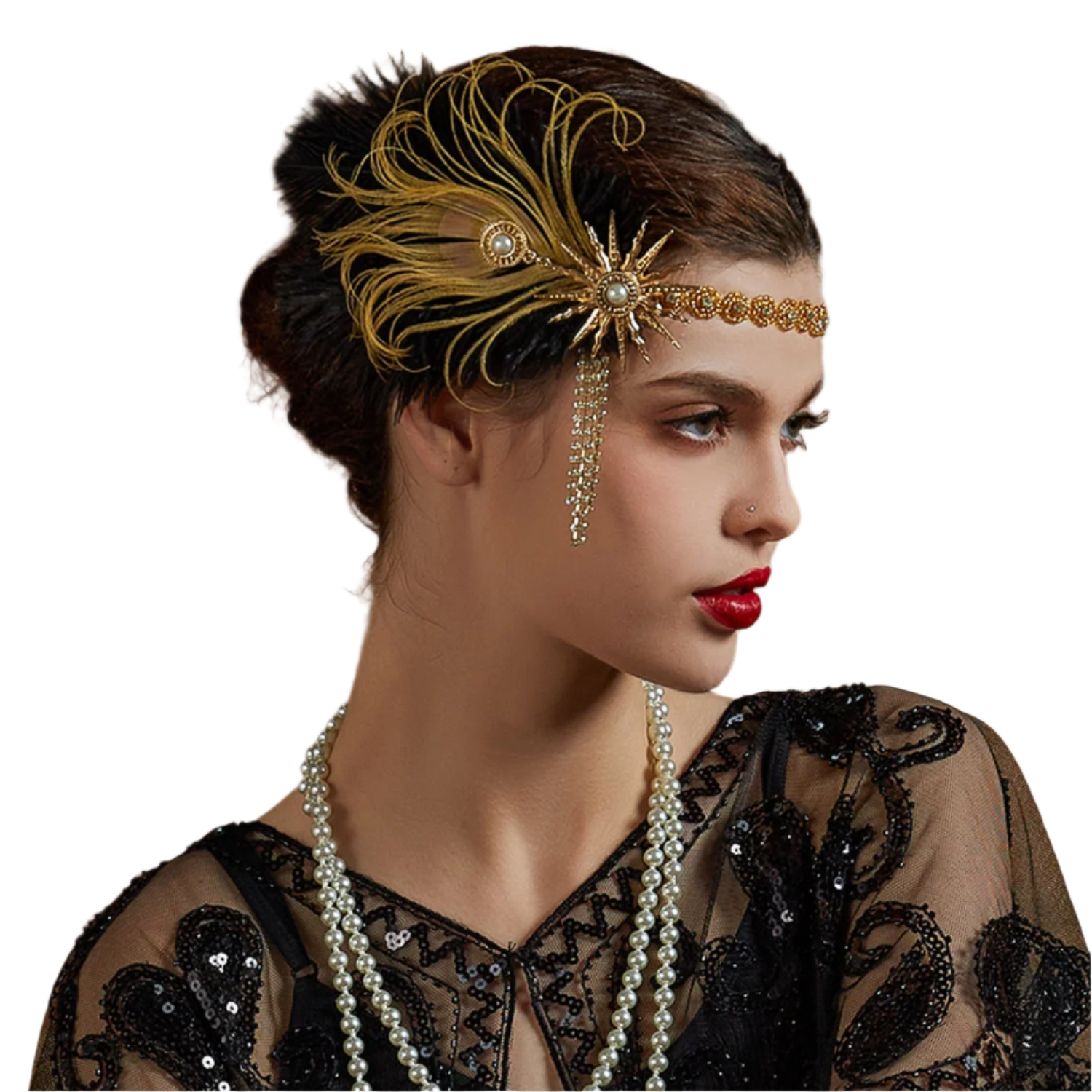 Gold rhinestone and feather headband with 1920s Gatsby design for luxury resort theme nights

