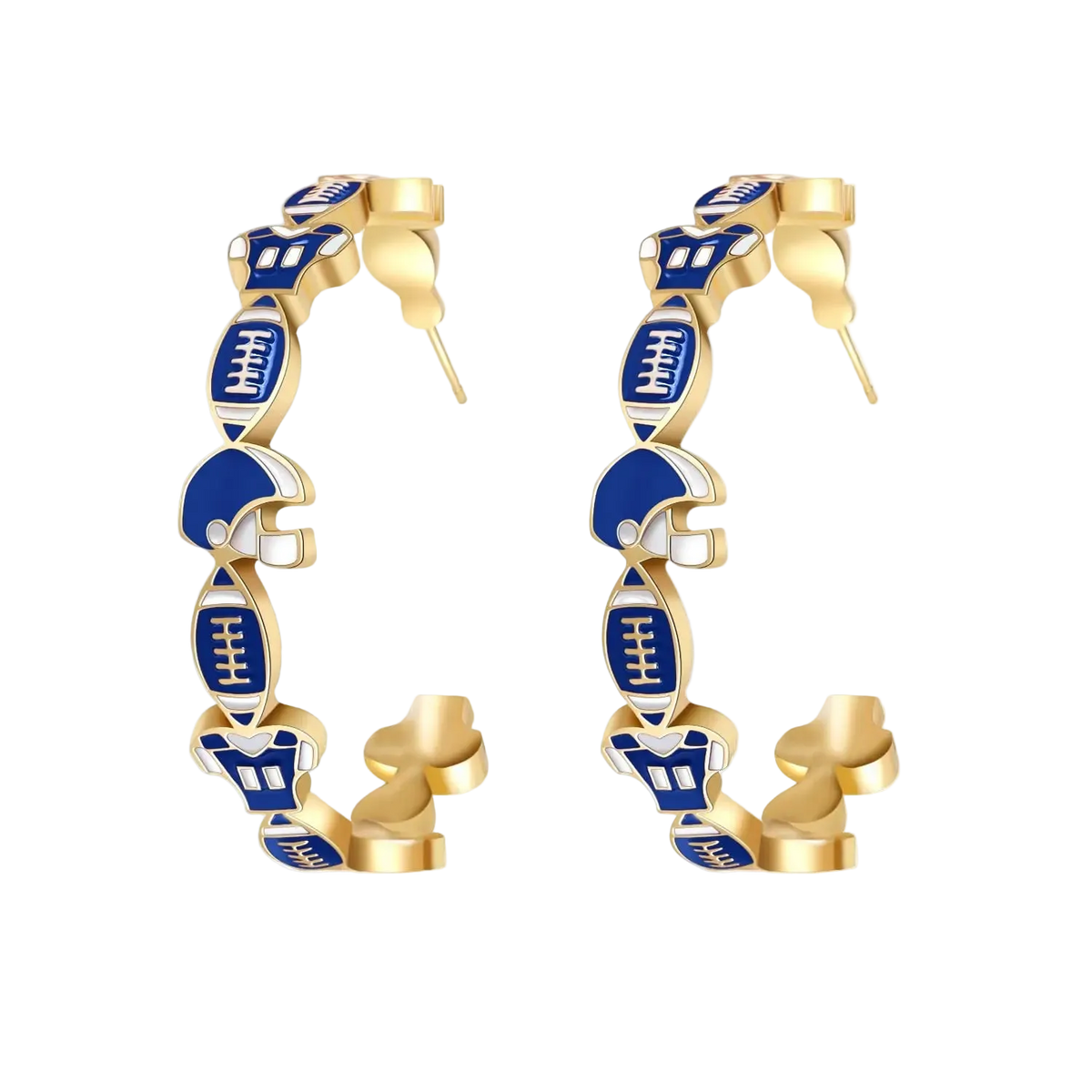 A pair of gold hoop earrings featuring enamel sports charms, including footballs, helmets, and jerseys in blue, white, and gold, set against a plain white background.