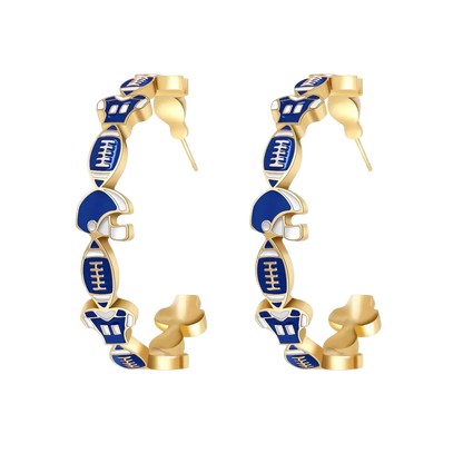 A pair of gold hoop earrings featuring enamel sports charms, including footballs, helmets, and jerseys in blue, white, and gold, set against a plain white background.