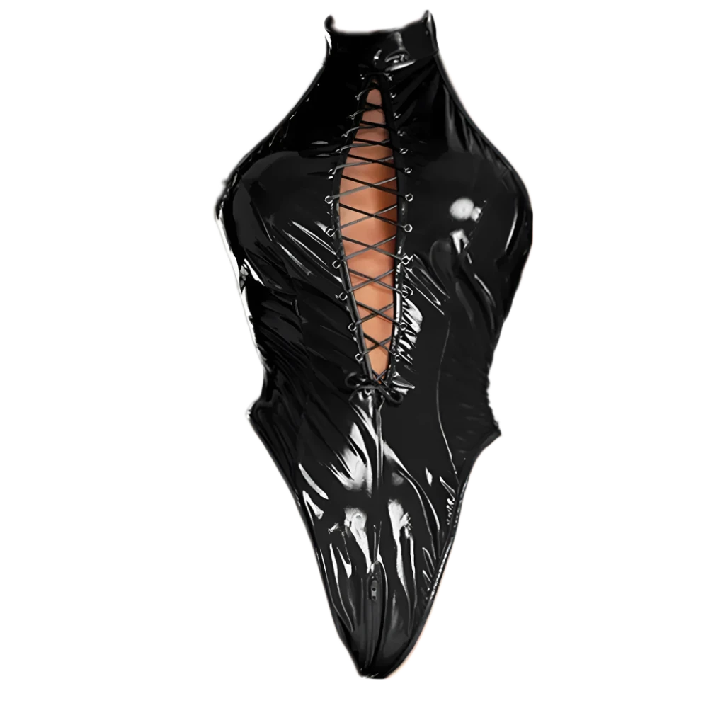 Plus Size Erotic Zipper Open Crotch Shiny Leather Bodysuit