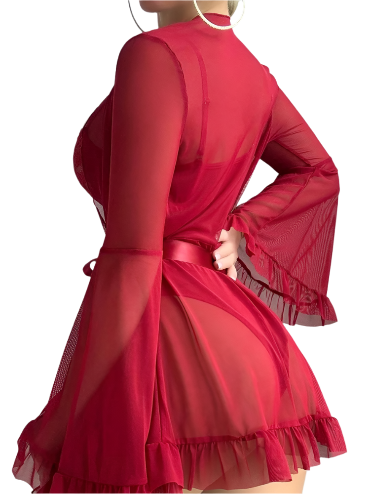 Red dress with sheer sleeves and hem on a plain background