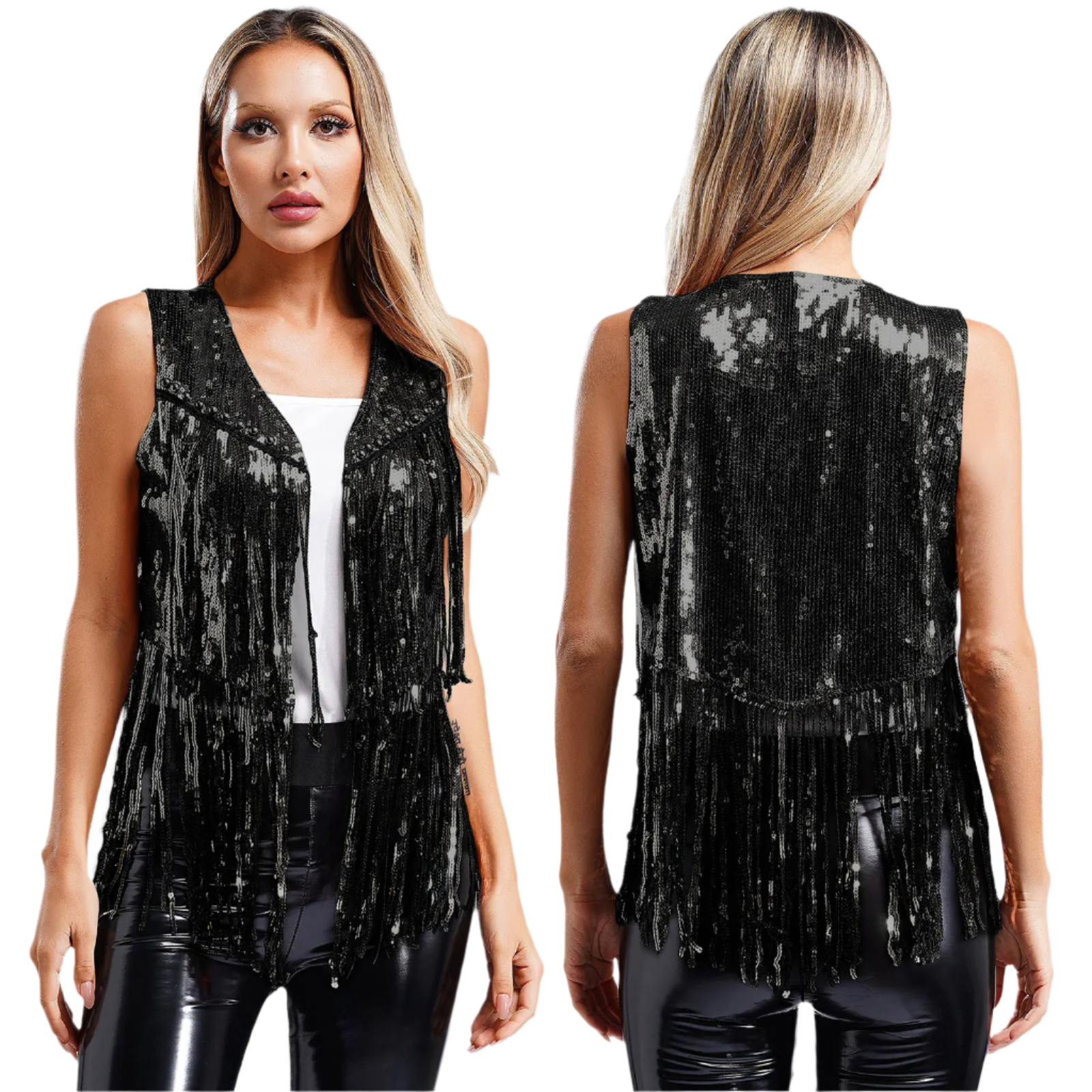 A sleeveless vest with sequins and fringe detailing. The vest is embellished with small studs, adding a touch of sparkle and flair to any outfit.
