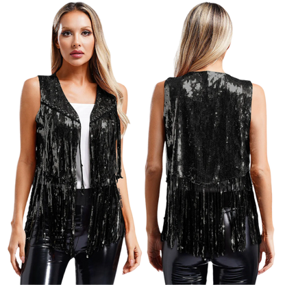 A sleeveless vest with sequins and fringe detailing. The vest is embellished with small studs, adding a touch of sparkle and flair to any outfit.
