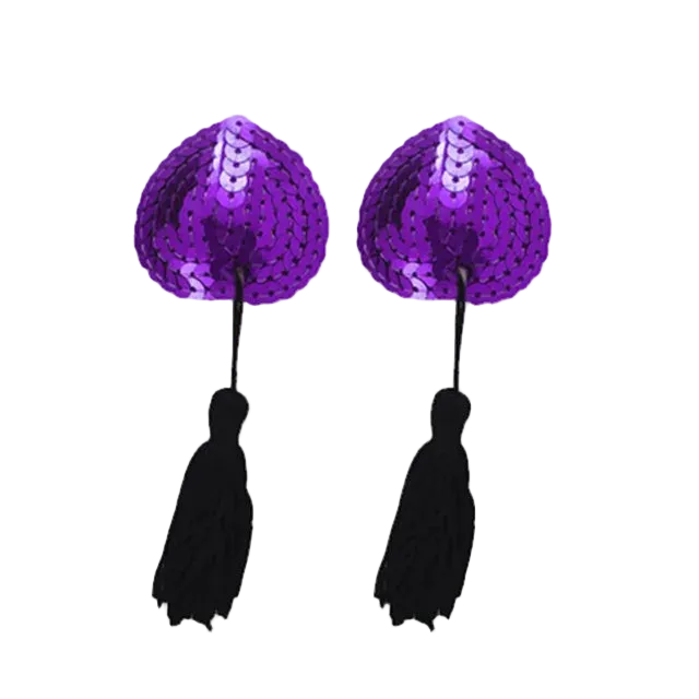Purple sequin pasties with black tassels on a white background