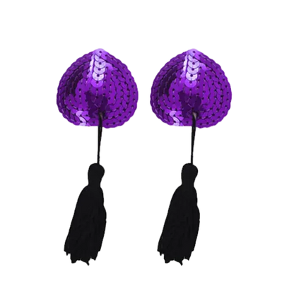 Purple sequin pasties with black tassels on a white background