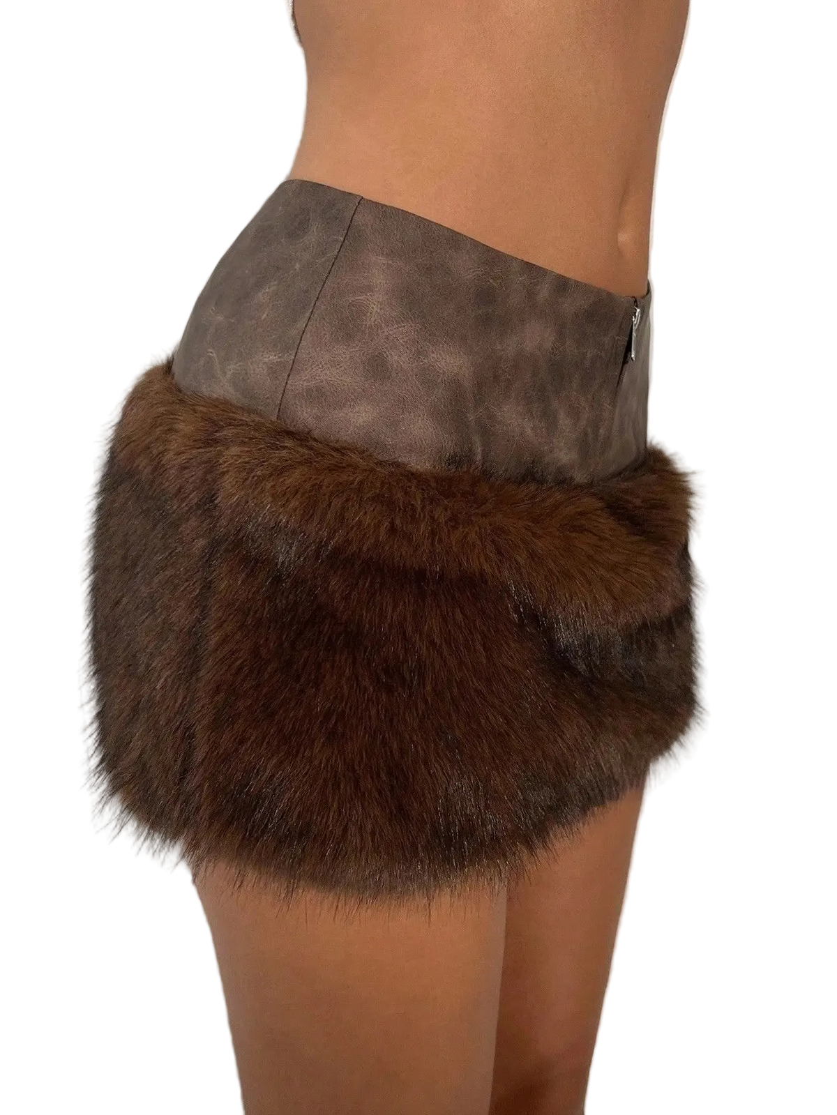 A close-up side view of a model wearing a brown faux fur wrap skirt with a taupe faux leather waistband.
