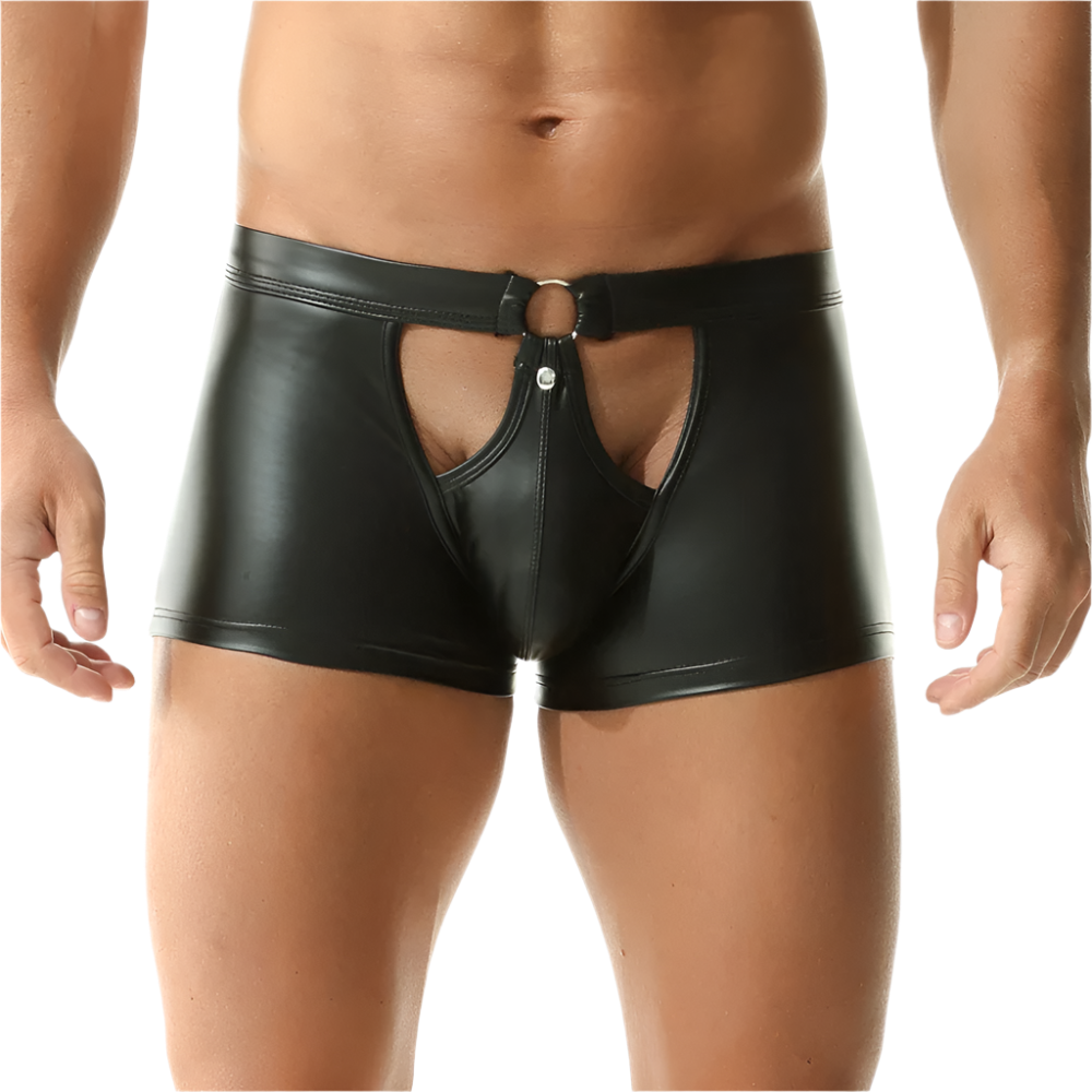 Black leather harness shorts worn by a person on a white background