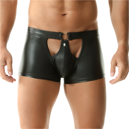 Black leather harness shorts worn by a person on a white background