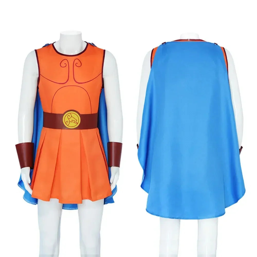 Greek Hero Costume: An orange tunic-style costume with a brown belt and blue cape, inspired by a classic Greek hero look.

