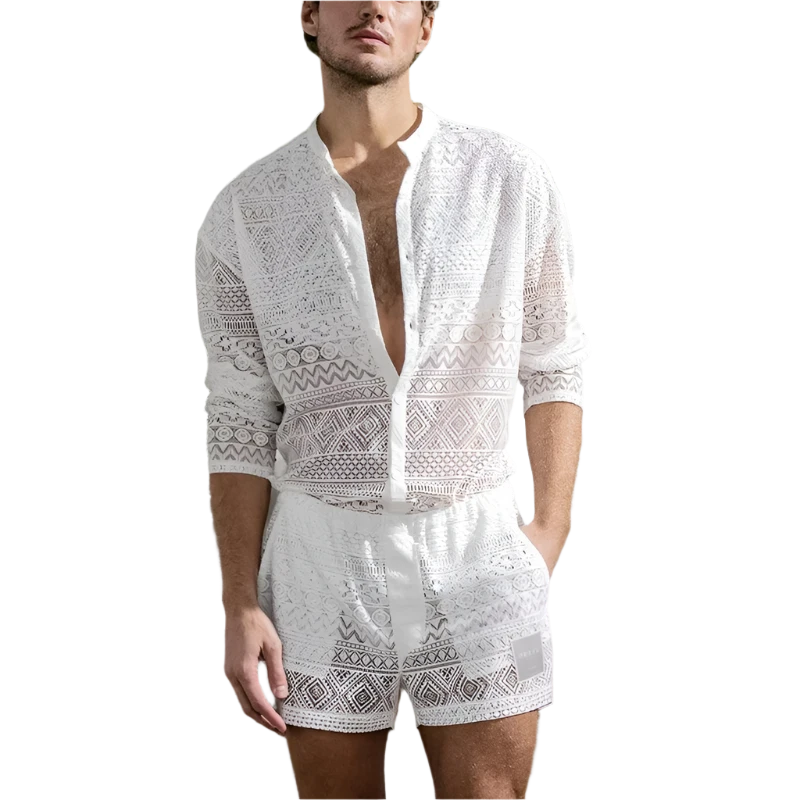 Long-sleeved Lace Cut-out Shirt and Casual Shorts Men's Set