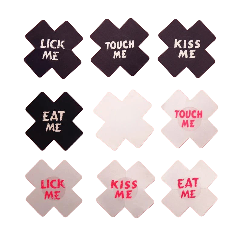 Set of 'Lick Me', 'Touch Me', and 'Eat Me' signs on a pink background