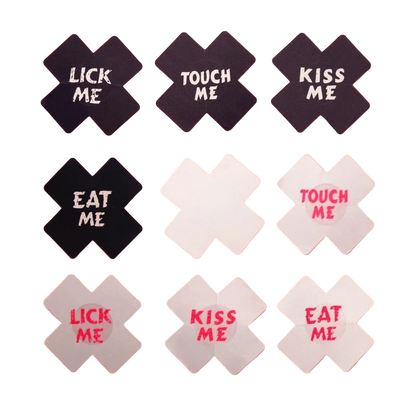 Set of 'Lick Me', 'Touch Me', and 'Eat Me' signs on a pink background