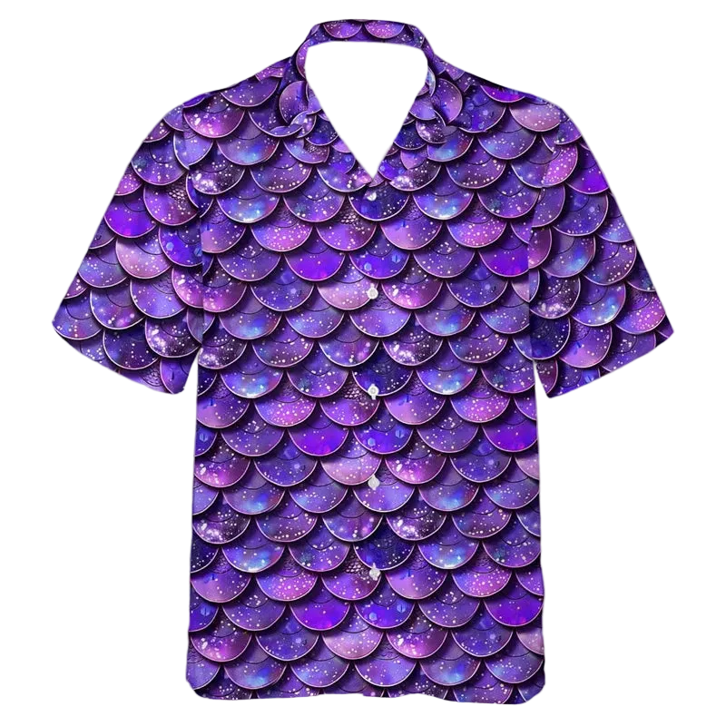 A short-sleeve button-up camp shirt featuring an all-over purple and blue galaxy mermaid scale pattern, displayed on a clean white background.