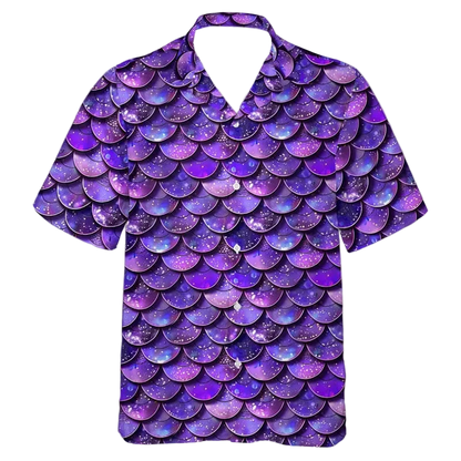 A short-sleeve button-up camp shirt featuring an all-over purple and blue galaxy mermaid scale pattern, displayed on a clean white background.