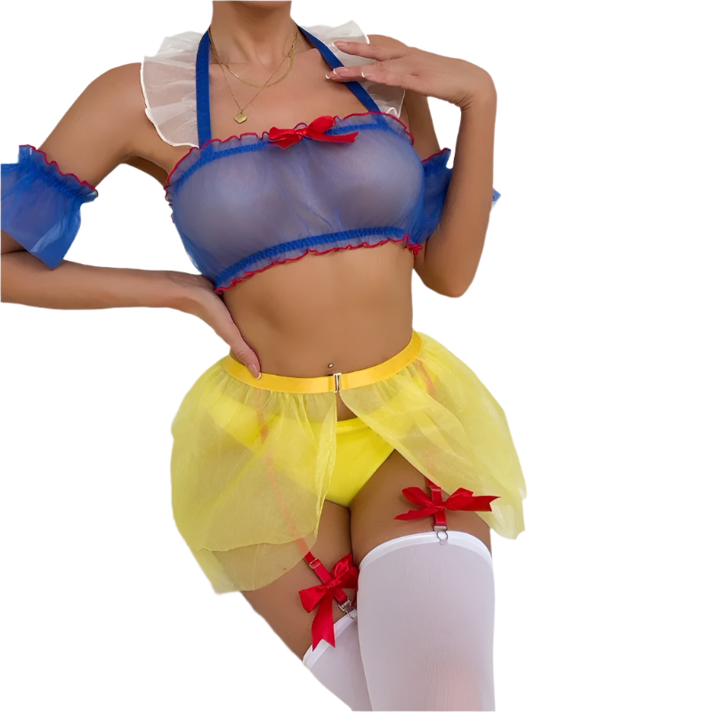 Mesh maid costume with garter details for resort theme nights

