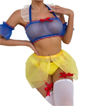 Mesh maid costume with garter details for resort theme nights

