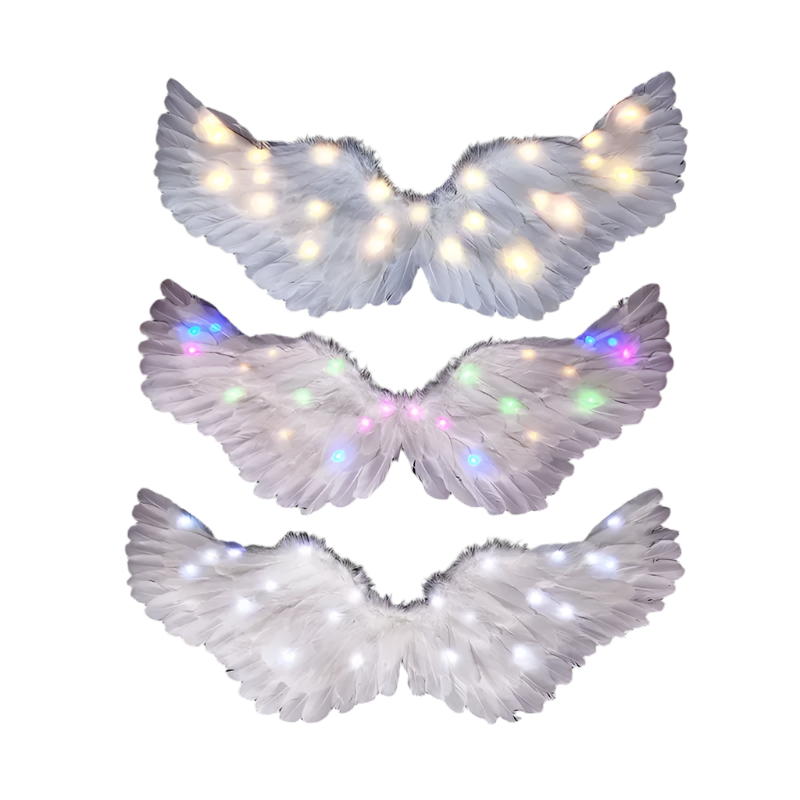 LED Angel Wings: White feathered wings adorned with LED lights in various colors, creating a magical and ethereal appearance.

