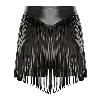 Women Iridescent Metallic Hot Pants with Fringed High Waist Tassel Skirted Shorts Cheeky Shorts Stage Dance Jazz Rock Clubwear