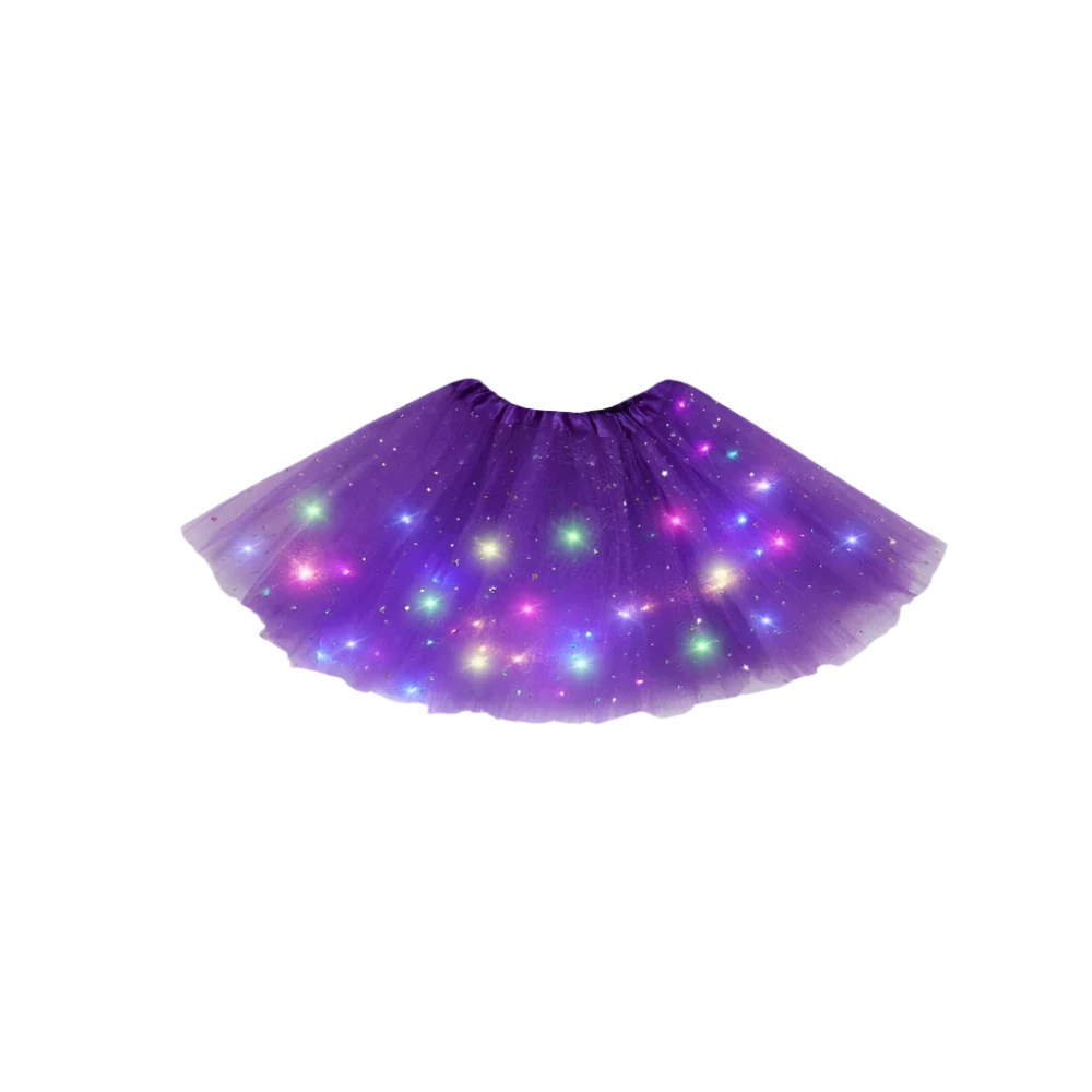 LED Light-Up Skirt: A black skirt featuring colorful LED lights embedded within, creating a twinkling effect with various colors like pink, green, and blue.

