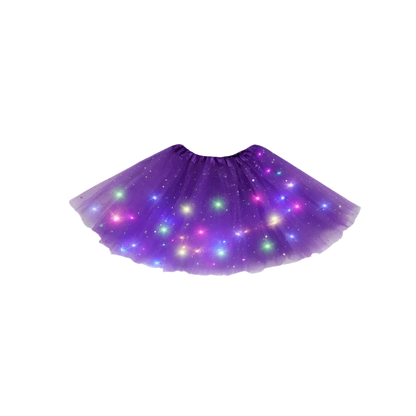 LED Light-Up Skirt: A black skirt featuring colorful LED lights embedded within, creating a twinkling effect with various colors like pink, green, and blue.

