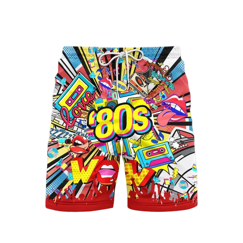Colorful shorts with 80s-themed graphics on a white background