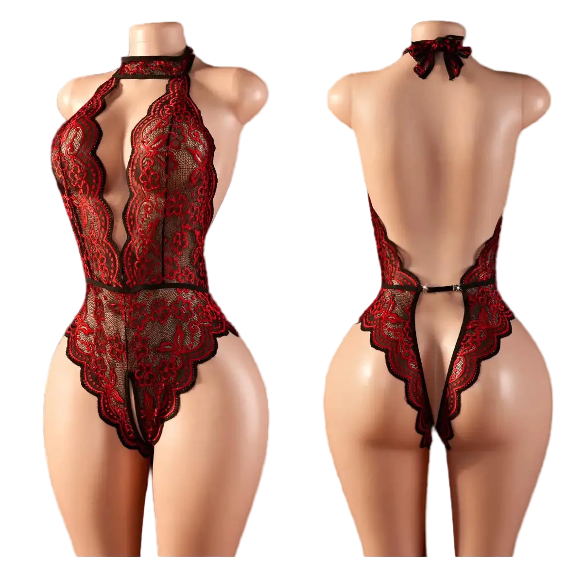 Plus Size Lace Teddy Lingerie for Women | Halter Deep V Bodysuit