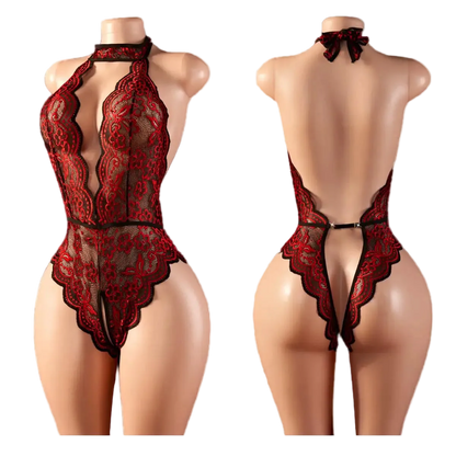 Plus Size Lace Teddy Lingerie for Women | Halter Deep V Bodysuit