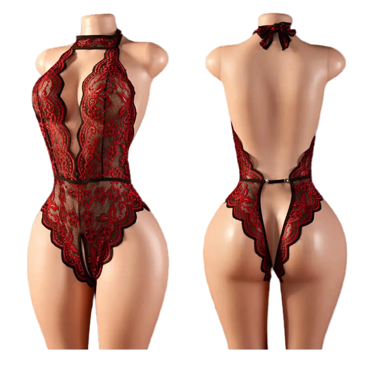 Plus Size Lace Teddy Lingerie for Women | Halter Deep V Bodysuit