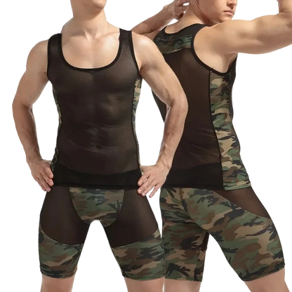 Two views of a men's compression tank top and matching shorts set in camouflage and sheer black mesh, modeled on a white background.