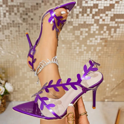 Women’s Leaf Detail Stiletto Sandals | Rhinestone High Heels